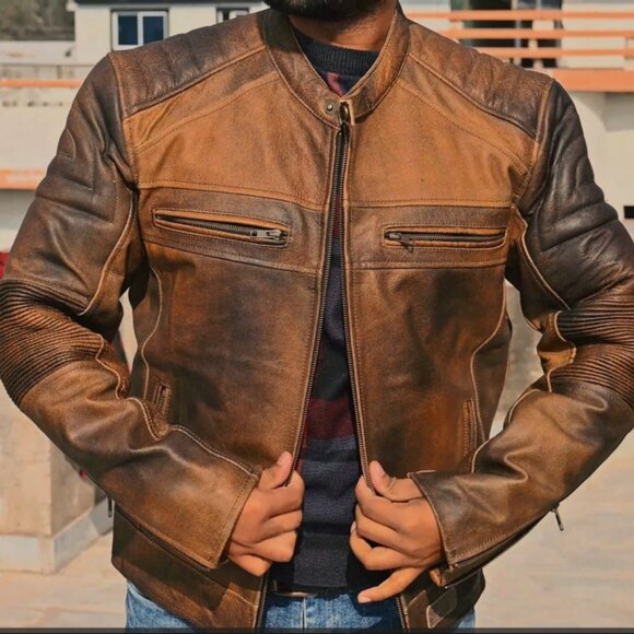 RIDERACT® Mens Fashion Riding Jacket Motorcycle Leather Brown Men Size 3XL NEW - Picture 1 of 9